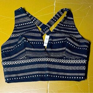 NWT Express S Structured Crop Top Cross-Back Striped Metallic Knit Black Silver
